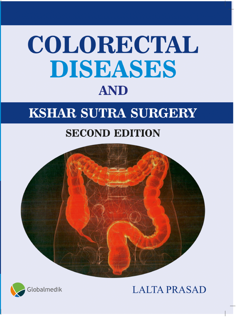 A photo of the large intestine in the center with the name of the book above it, Colorectal Diseases and Kshar Sutra Surgery
